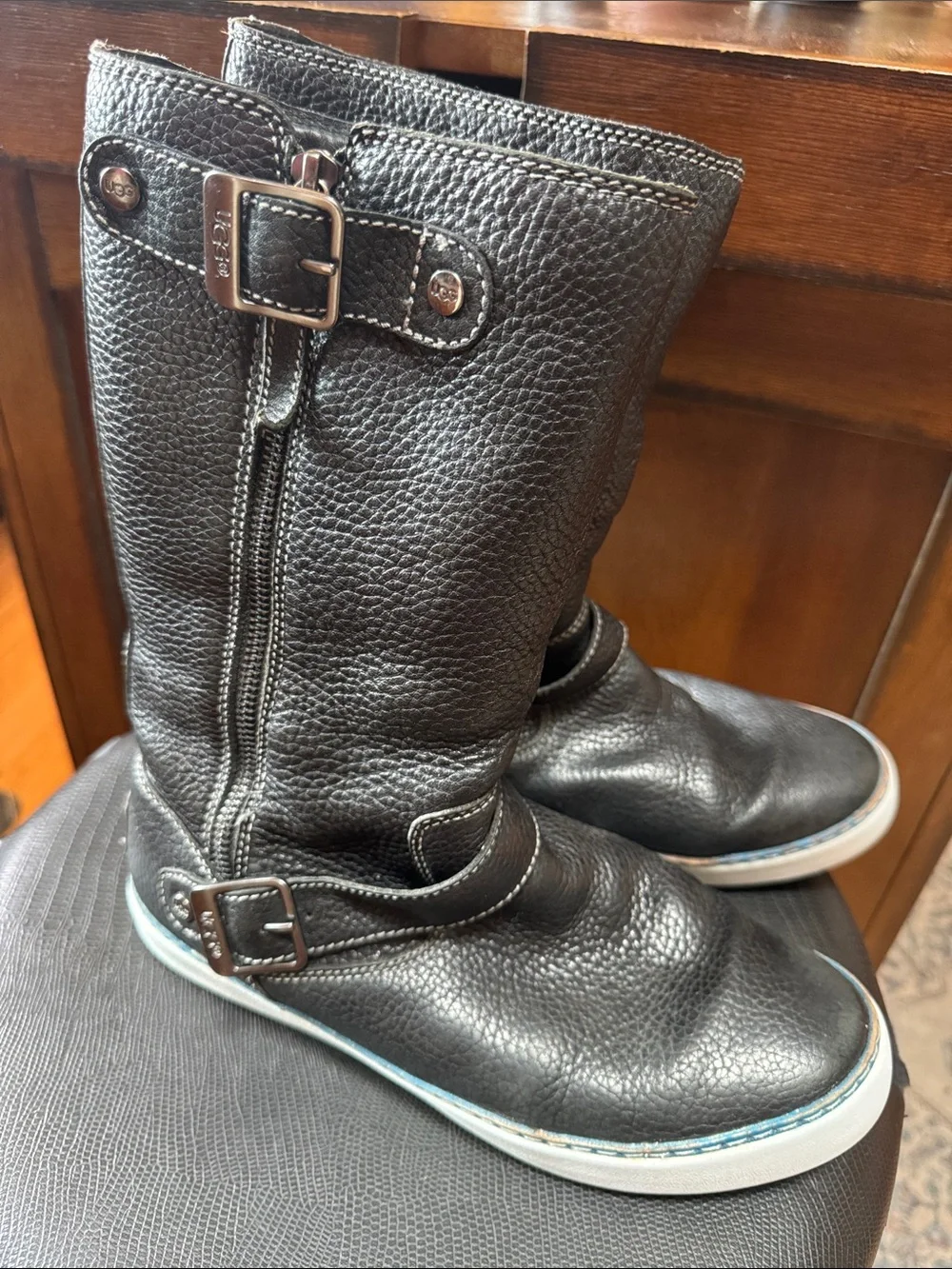 UGG Andra Leather Mid-Calf Boots with Buckle Detail rubber bottom, fuzzy inside